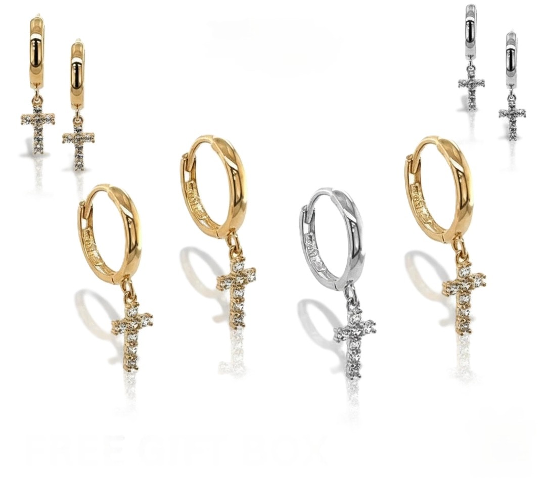 14k Yellow/White Gold Cross Dangle Hoop Huggie CZ Earrings