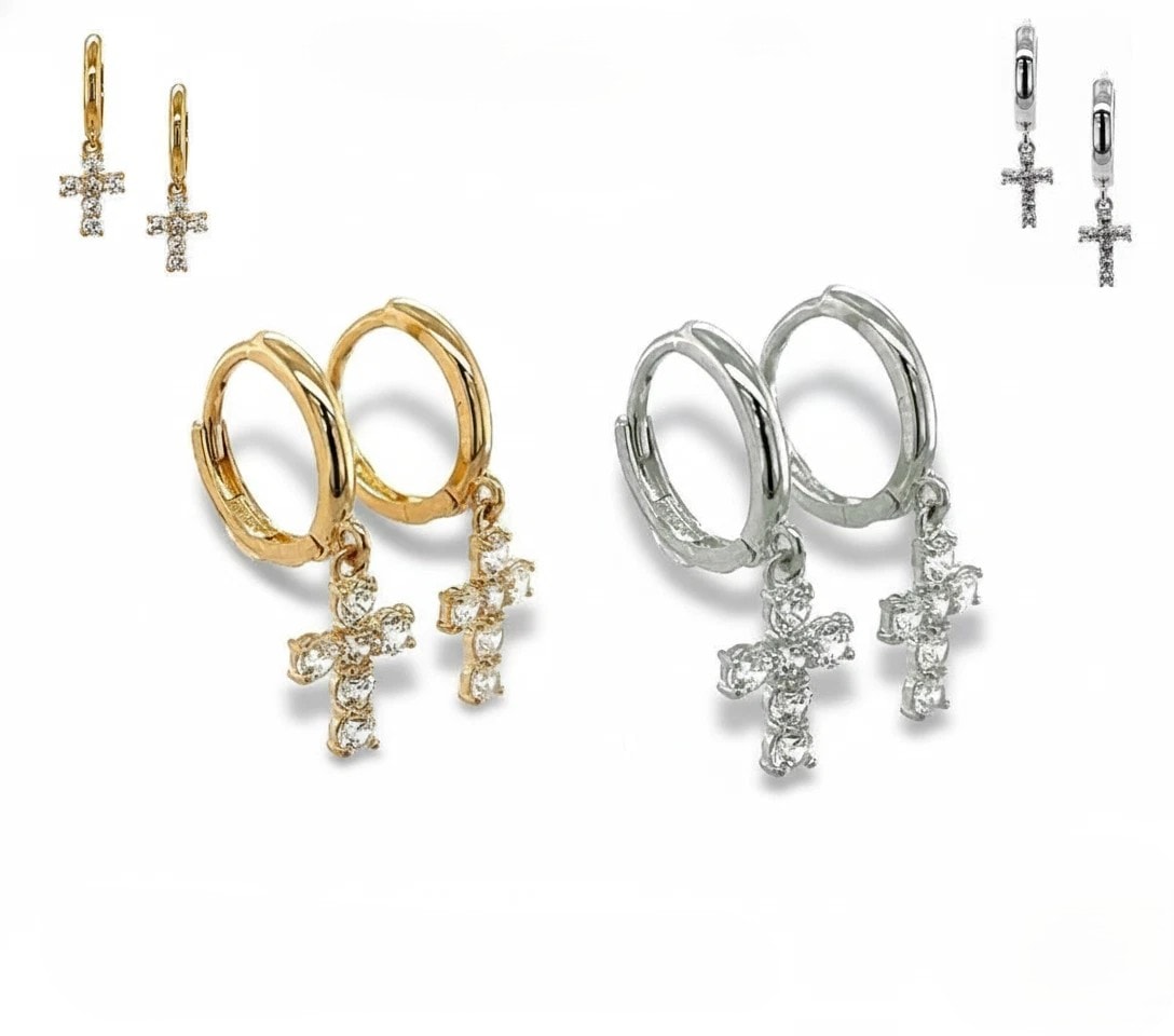 14k Yellow/White Gold Cross Dangle Hoop Huggie CZ Earrings